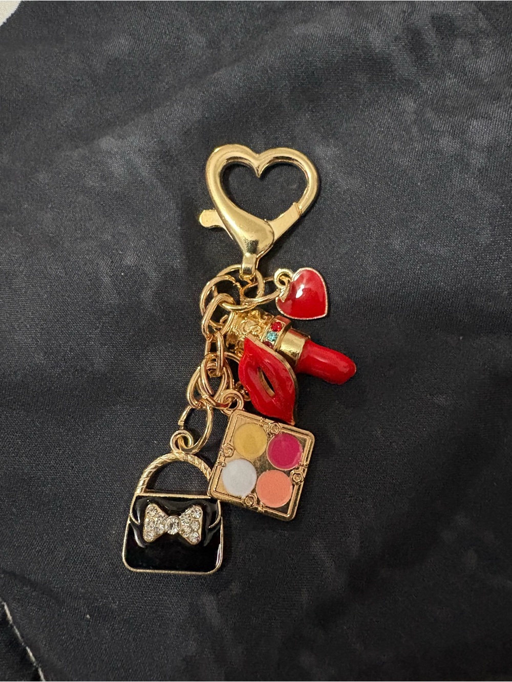 Gold-Tone Red Lipstick & Beauty Charm Keychain